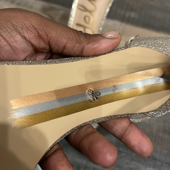 SAM EDELMAN SHOES 9.5 SILVER SPARKLE HEELS ANKLE STRAP ANTHROPOLOGIE BHLDN - Picture 6 of 12